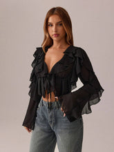 SXY Holiday Costume Party Gathering Black Mesh See-Through Lotus Leaf Strap Deep V Neck Women Sexy Long Sleeve Shirt